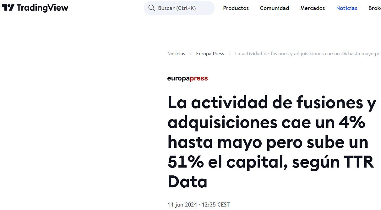 La actividad de fusiones y adquisiciones cae un 4% hasta mayo pero sube un 51% el capital, segn TTR Data